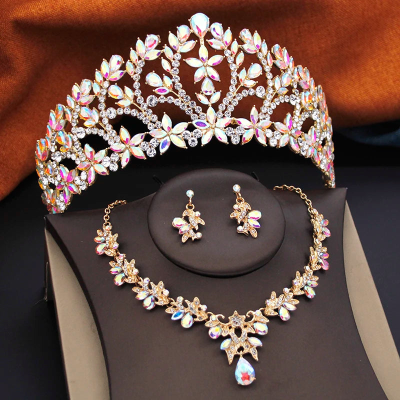 Ensembles de bijoux de mariée pour femmes, diadèmes de mariage de la reine royale, 3 pièces, collier, boucles d'oreilles et couronne, ensembles de mariée, accessoires de costume