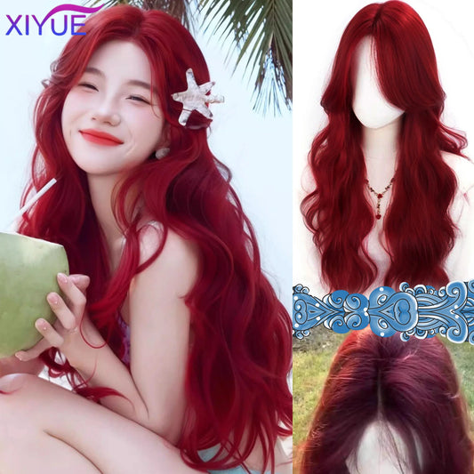 XIYUE Burgundy Long Wavy Wigs Wine Red Wig with Bangs for Women Daily Synthetic Hair Cosplay Wig Heat Resistant Fiber
