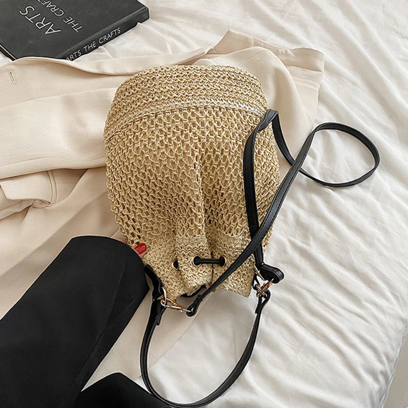 Sac seau en paille tressée pour femme, sac à bandoulière, sac de plage d'été, sac de voyage rétro, petit sac à main et sac à main pour femme