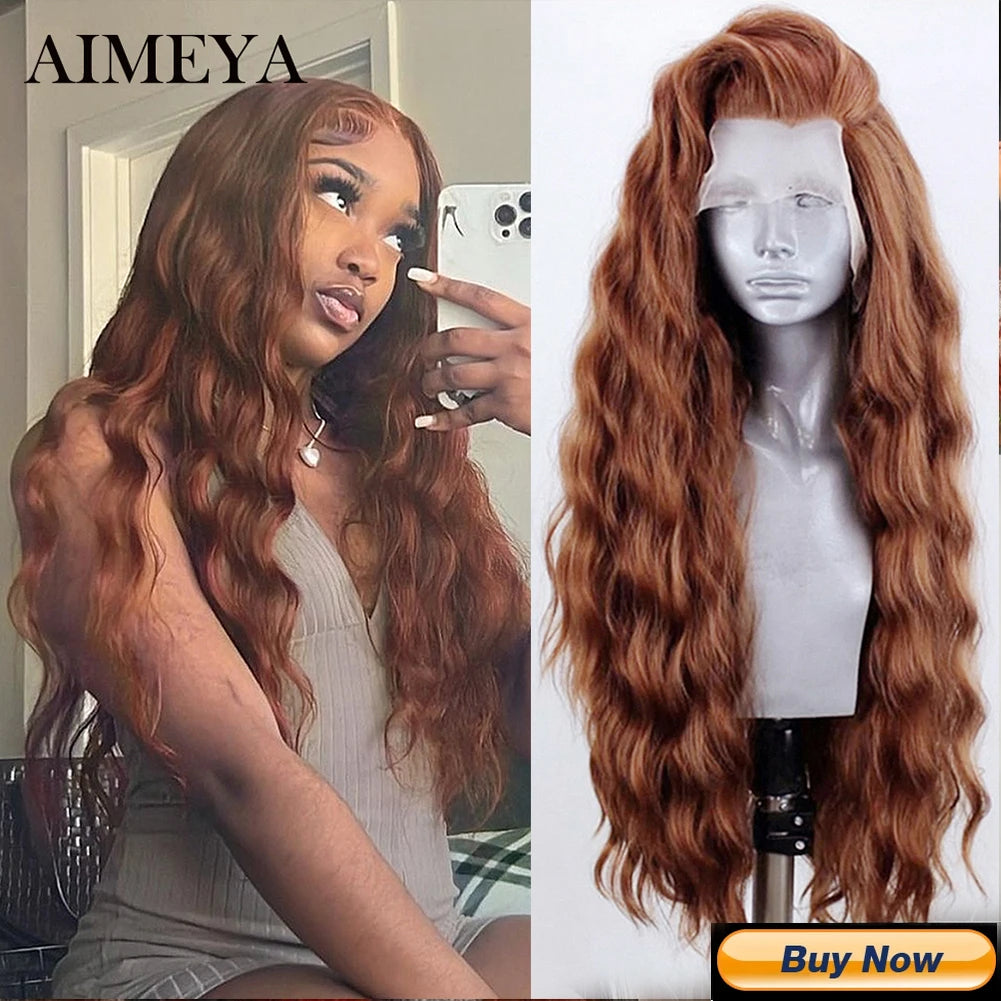 AIMEYA Ginger Synthetic Lace Wigs for Black Women Natural Hairline Synthetic Lace Frontal Wig Heat Resistant Fiber Orange Wigs