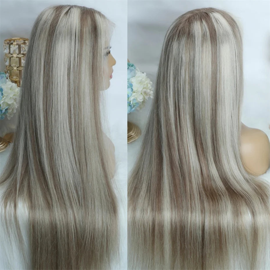 Straight 13x6 Ash Brown Highlight Lace Front Wig Human Hair Natural Hairline Ash Blonde Transparent Lace Frontal Wig For Women