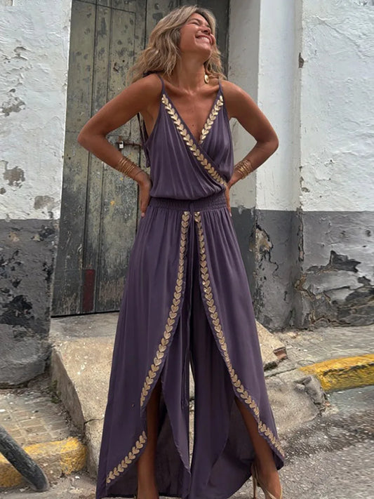 Combinaison élégante pour femme, nouvelle collection été 2025, violet, col en V, sans manches, taille haute, tenue de plage et de vacances