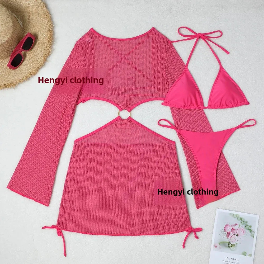 2025 New Cross-Border Tie-Dye Bikini Three-Piece Set Women's Net Sunshade Cover up Beach Skirt Suit Sportswear And Bag Accessori