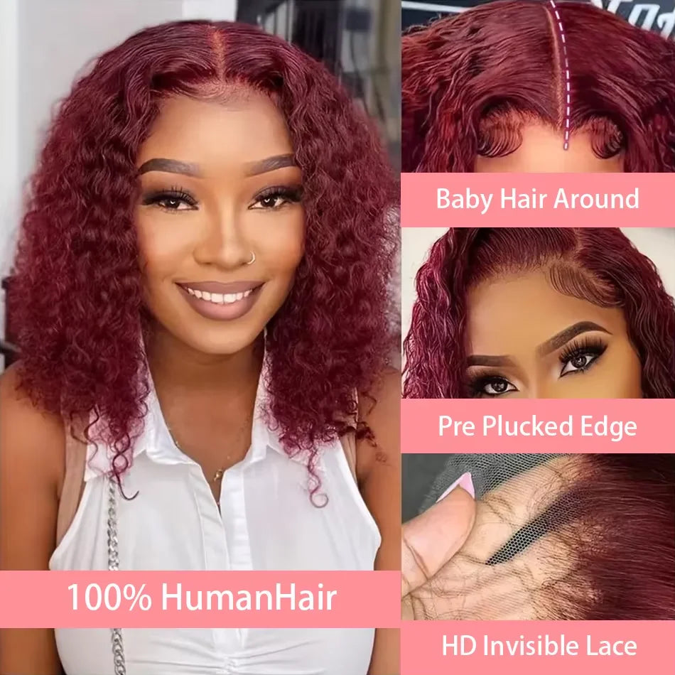200% Density 99J Burgundy Short Deep Water Wave 13x4 Lace burgundy HD lace deep wave short bob wigs human hair wigs 14 inches