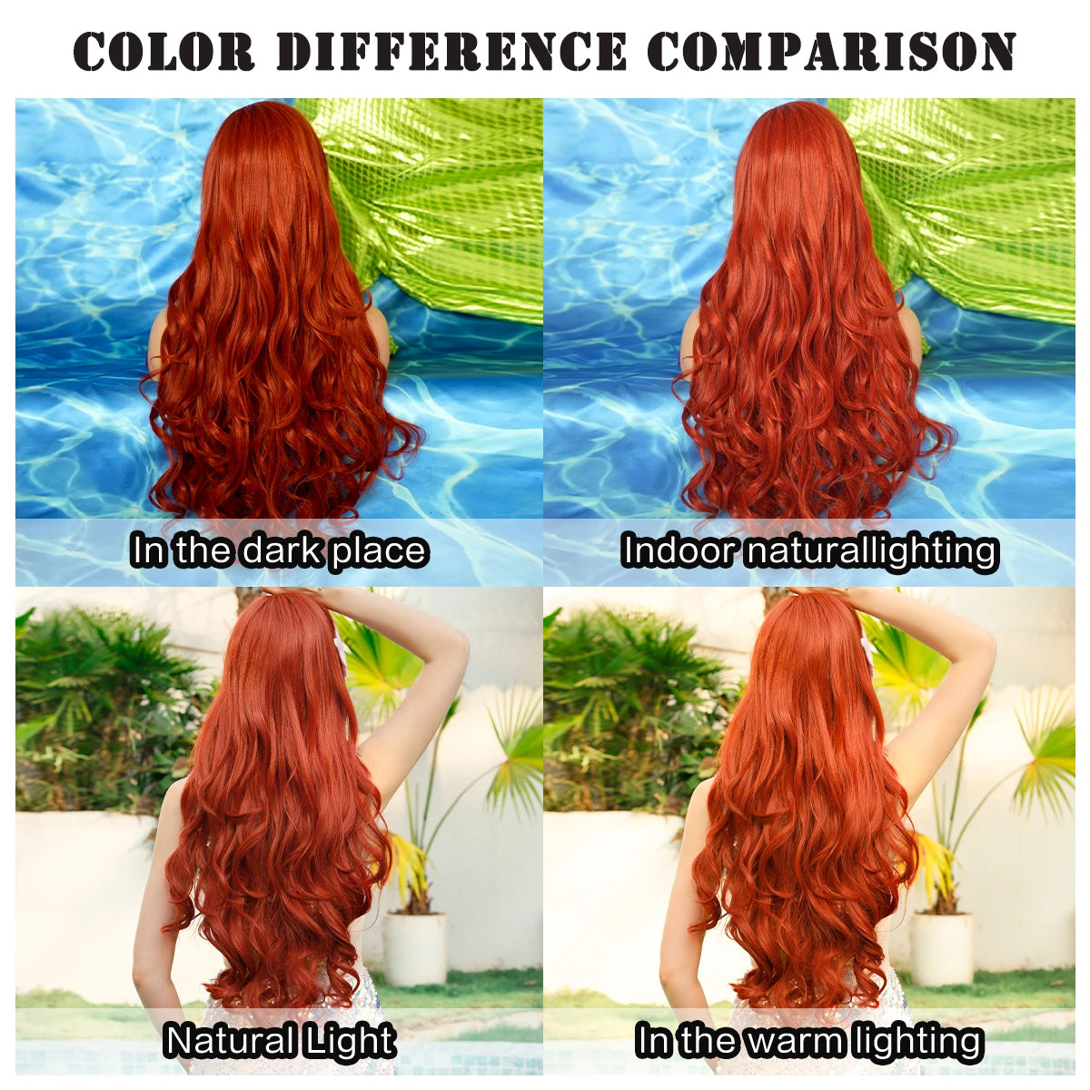 Aquamarine Wig Synthetic Long Curly Orange Red Mermaid Wig with Bangs Loose Body Wave Wigs for Women Halloween Party Cosplay Wig
