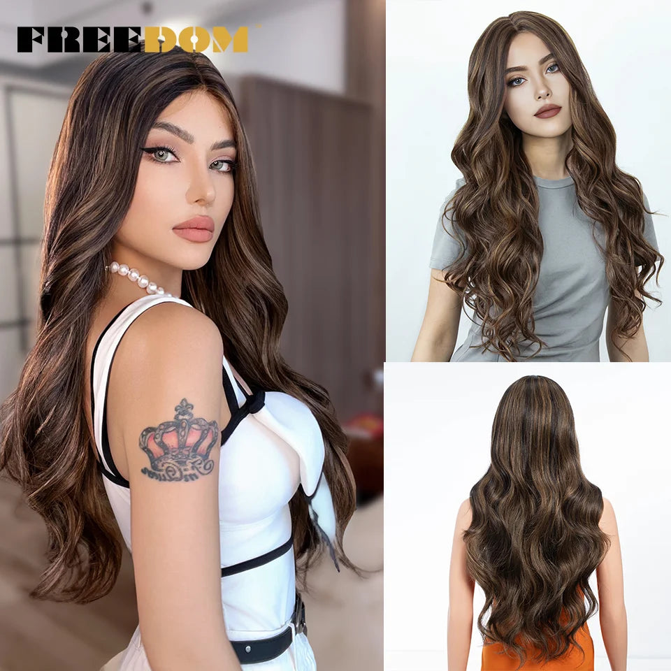 FREEDOM Synthetic Lace Front Wigs For Women 30 inch Long Body Wave T Part Lace Wigs Ombre Blonde Brown Wig Cosplay Wigs