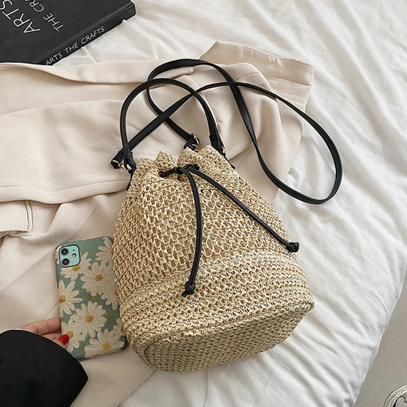 Sac seau en paille tressée pour femme, sac à bandoulière, sac de plage d'été, sac de voyage rétro, petit sac à main et sac à main pour femme