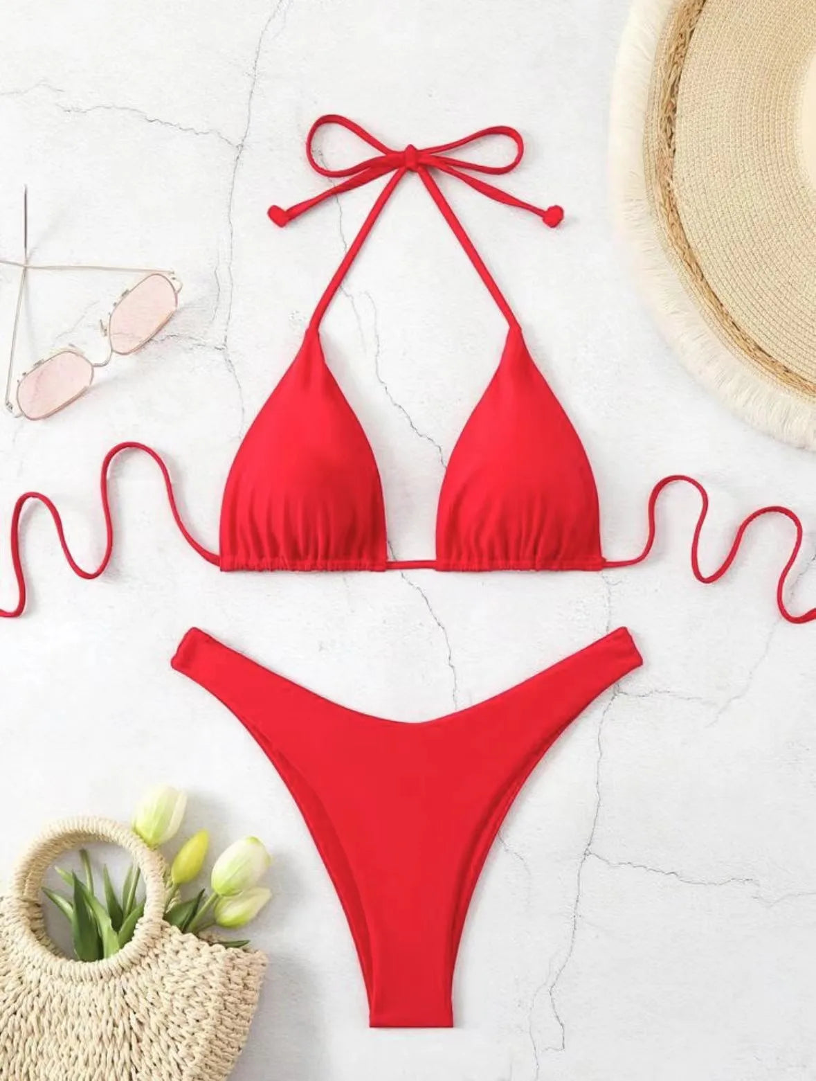 2025 Women White Bikini Chest Padded New Sexy Halter Bikini Two-Piece Set With Drawstring Straps Solid Brazilian Bathing Suit