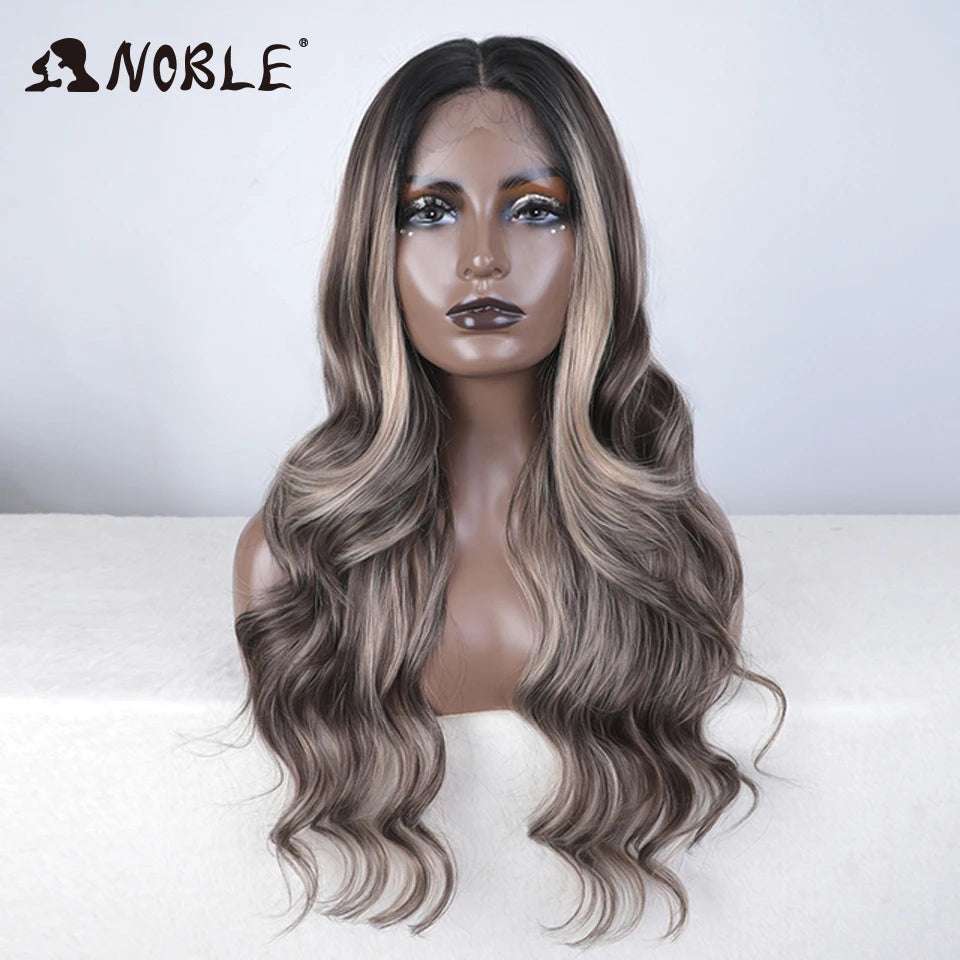 Noble Lace Front Wig Synthetic 28“ Highlight Honey Brown Body Wave Wig Blonde Wigs For Women Lace Wig Synthetic Lace Front Wig