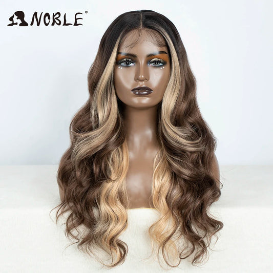 Noble Lace Front Wig Synthetic 28“ Highlight Honey Brown Body Wave Wig Blonde Wigs For Women Lace Wig Synthetic Lace Front Wig