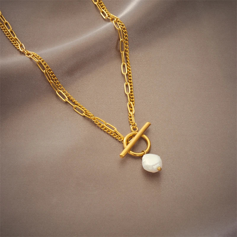 DIEYURO Collier avec pendentif en perles en acier inoxydable 316L avec fermoir OT pour femmes et filles, chaîne à 2 couches, bijoux cadeaux de fête
