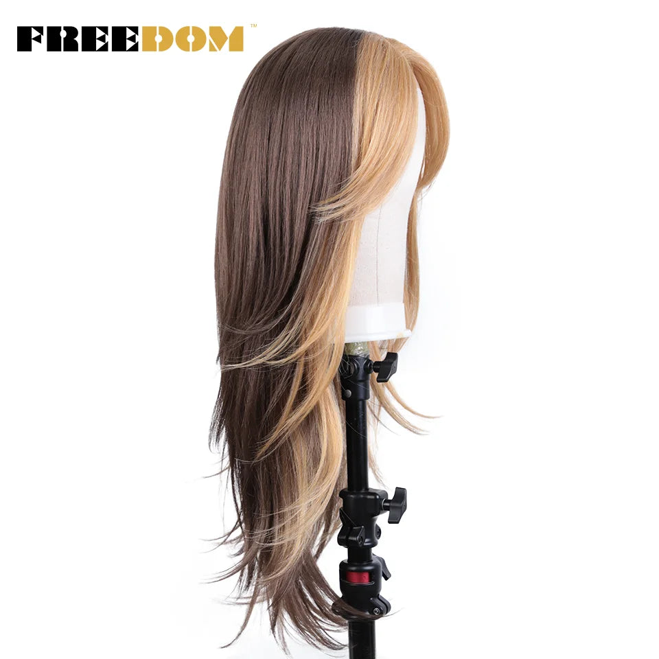 FREEDOM Synthetic Lace Front Wigs For Black Women 26 inch Straight Wigs Ombre Blond Cosplay Wig Synthetic Lace Wig With Bangs