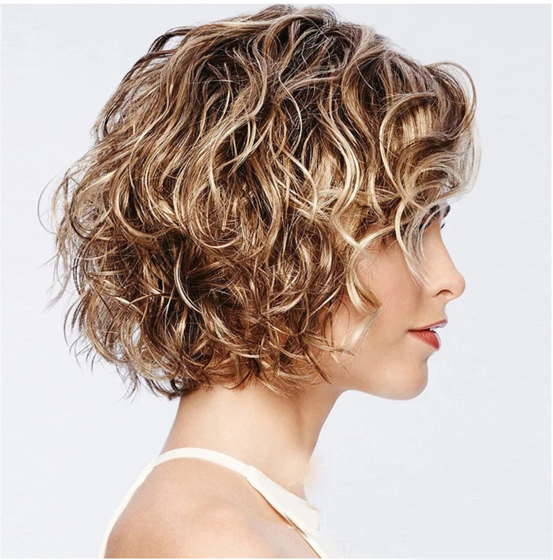 New Arrivals Hair Extensions Synthetic Fashion Gold Brown Ladies Wigs Breathable Head Cover Short Curly Hair Wig Hat for Women