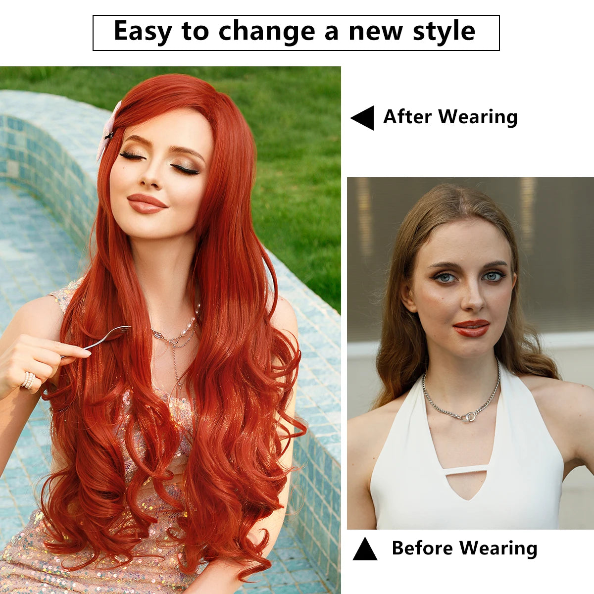 Aquamarine Wig Synthetic Long Curly Orange Red Mermaid Wig with Bangs Loose Body Wave Wigs for Women Halloween Party Cosplay Wig