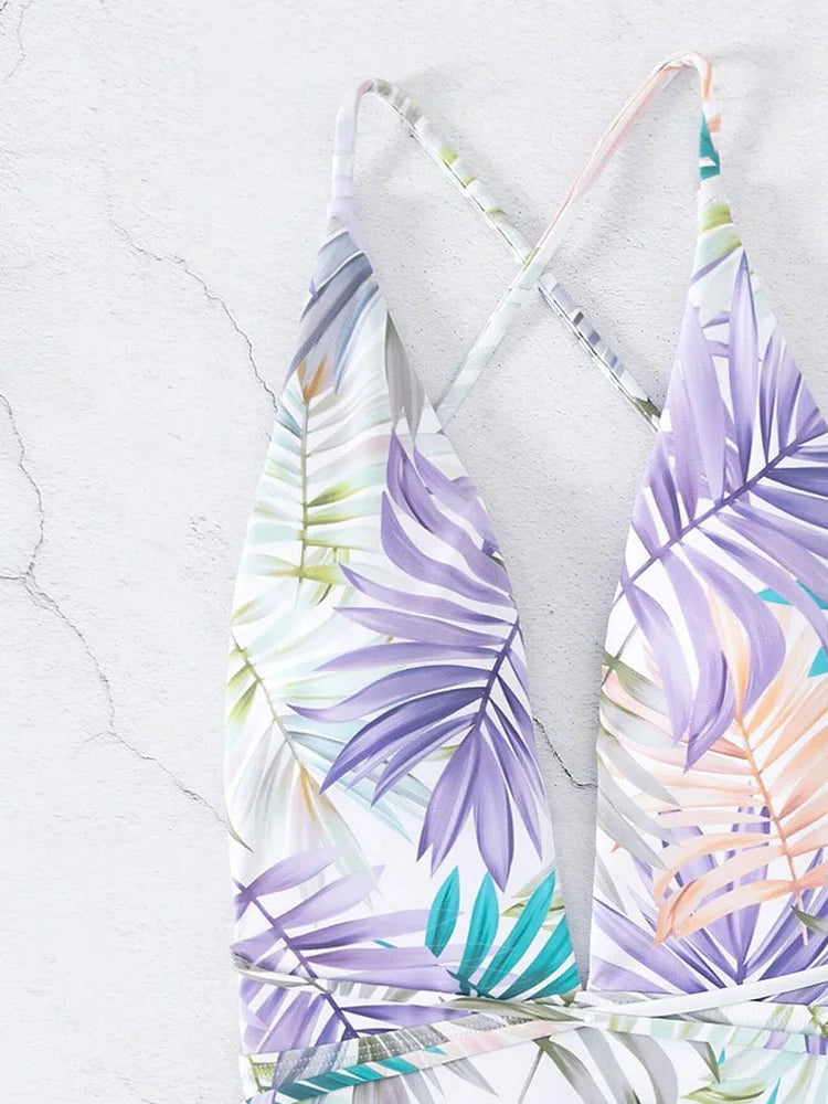 Maillot de bain une pièce imprimé sexy Vigoashely 2025, décolleté en V profond, dos nu, ceinture croisée ajourée, monokini, été