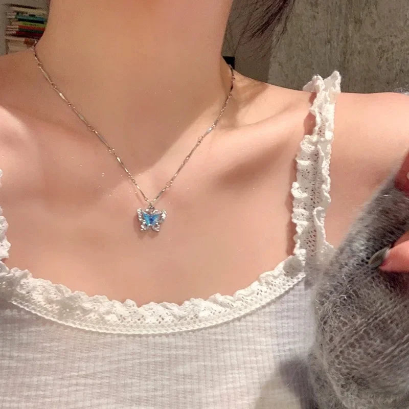Romantic Blue Crystal Butterfly Necklace for Women Girls Simple Shiny Zircon Bilayer Choker Clavicle Chain Fine Jewelry