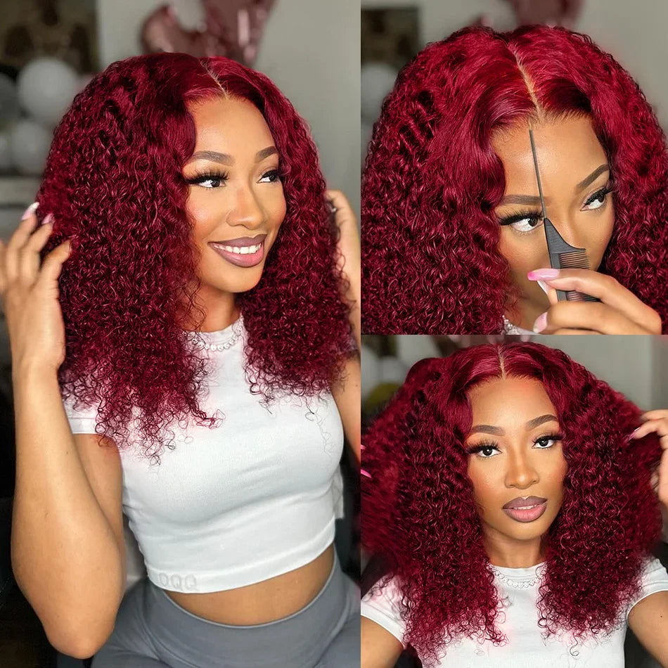 200% Density 99J Burgundy Short Deep Water Wave 13x4 Lace burgundy HD lace deep wave short bob wigs human hair wigs 14 inches