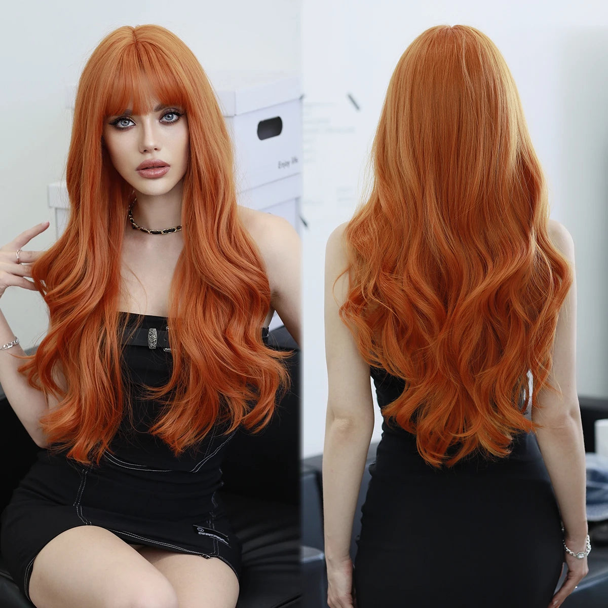 Aquamarine Wig Synthetic Long Curly Orange Red Mermaid Wig with Bangs Loose Body Wave Wigs for Women Halloween Party Cosplay Wig