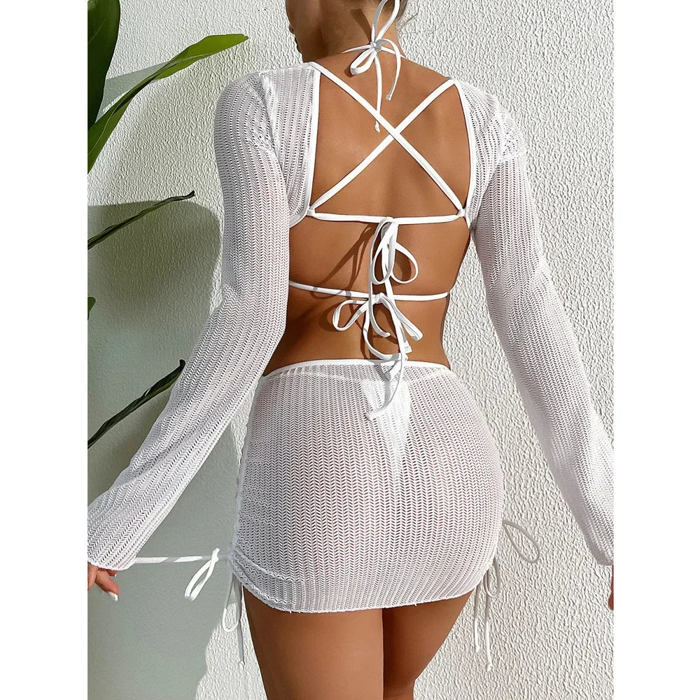 2025 New Cross-Border Tie-Dye Bikini Three-Piece Set Women's Net Sunshade Cover up Beach Skirt Suit Sportswear And Bag Accessori