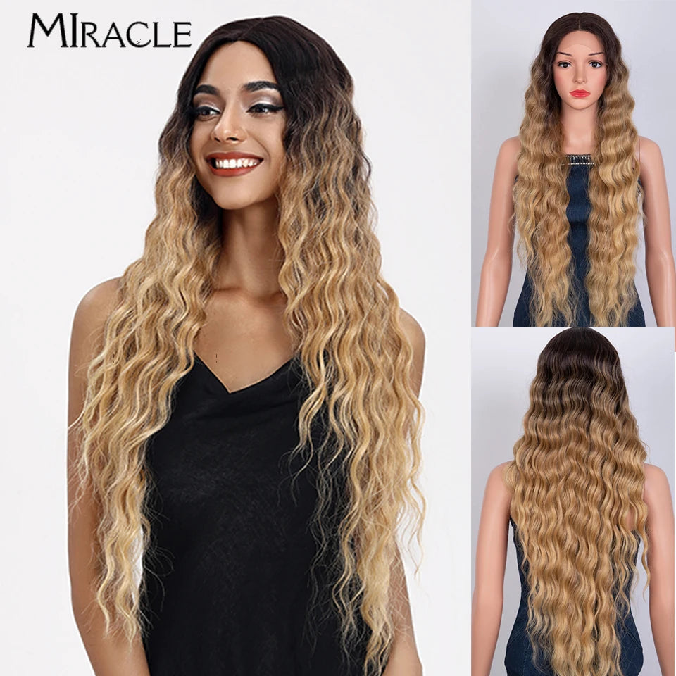 MIRACLE Synthetic Lace Front Wig 30'' Water Wave Lace Frontal Wig for Women Red Blonde Cosplay Lace Wig Female Fake Hair