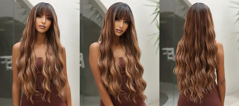 ALAN EATON Brown Highlight Synthetic Wigs with Bangs for Black Women Long Ombre Honey Brown Wave Wig Heat Resistant Hair Natural