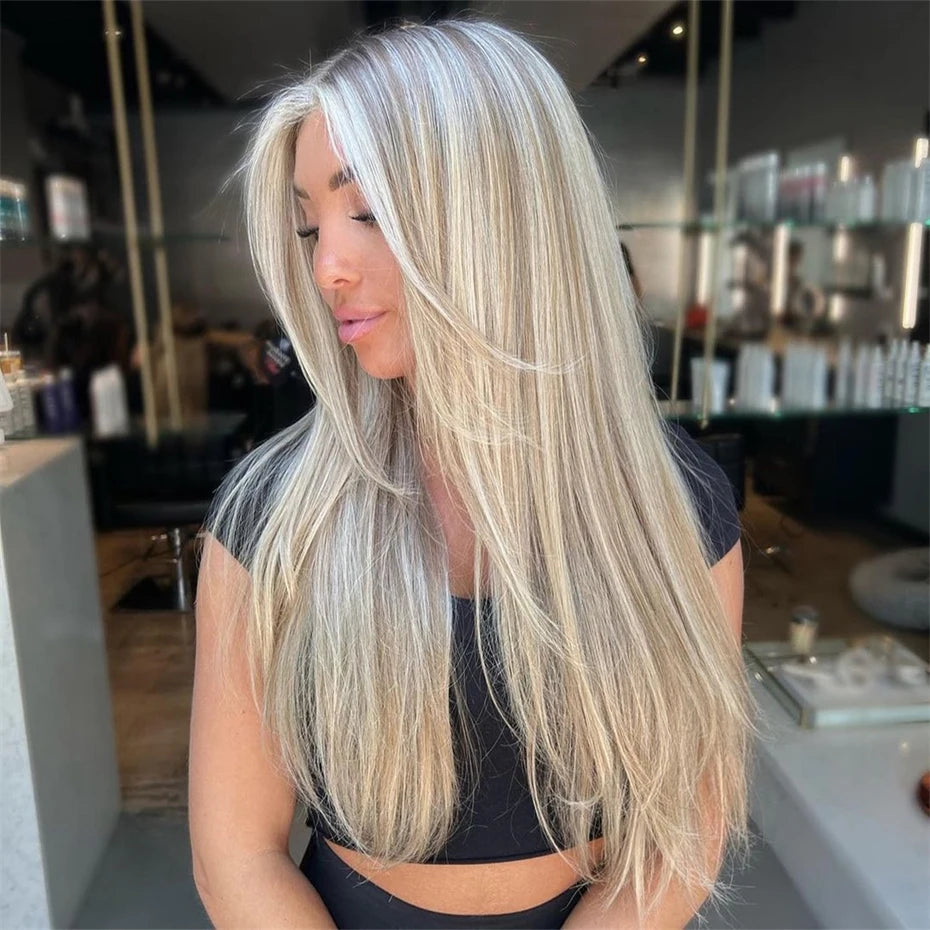 Straight 13x6 Ash Brown Highlight Lace Front Wig Human Hair Natural Hairline Ash Blonde Transparent Lace Frontal Wig For Women