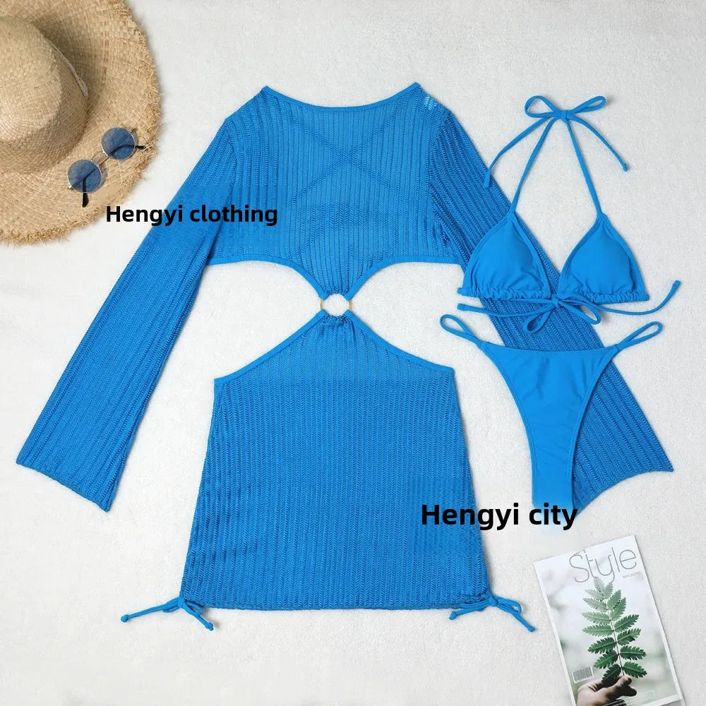 2025 New Cross-Border Tie-Dye Bikini Three-Piece Set Women's Net Sunshade Cover up Beach Skirt Suit Sportswear And Bag Accessori