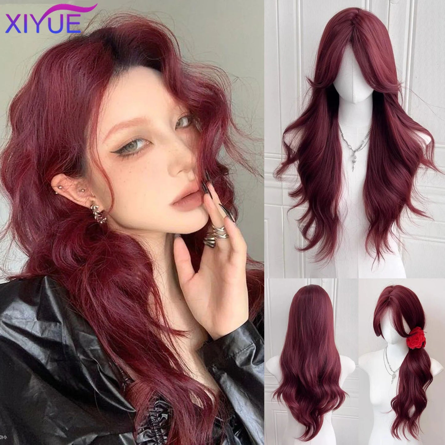 XIYUE Burgundy Long Wavy Wigs Wine Red Wig with Bangs for Women Daily Synthetic Hair Cosplay Wig Heat Resistant Fiber
