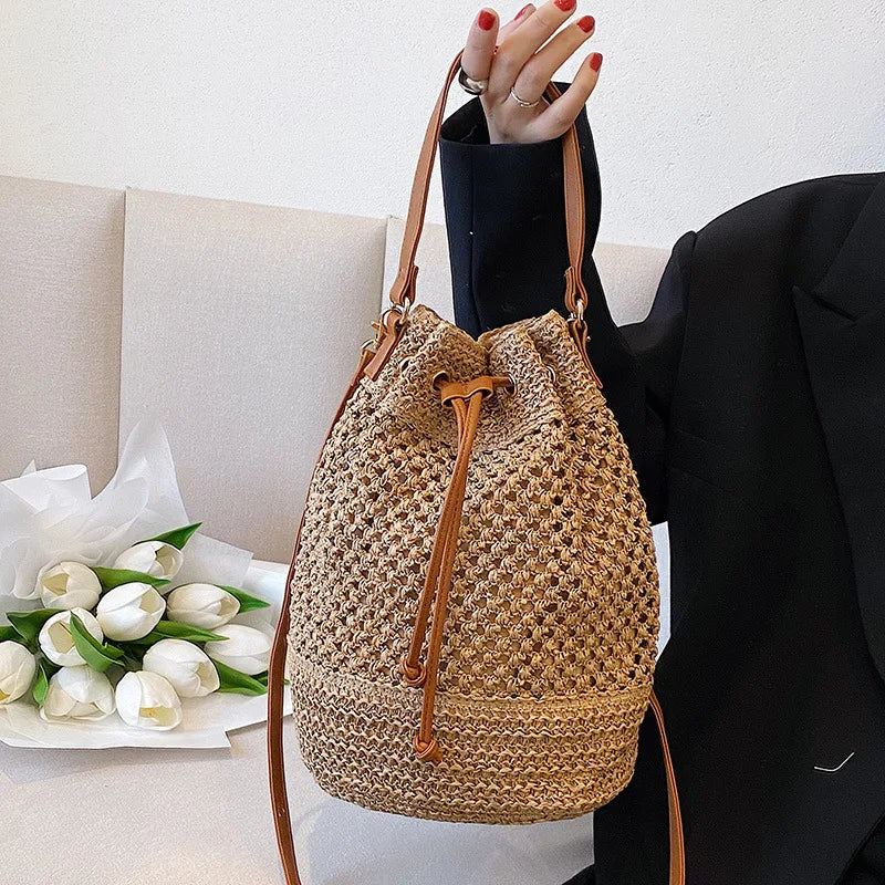 Sac seau en paille tressée pour femme, sac à bandoulière, sac de plage d'été, sac de voyage rétro, petit sac à main et sac à main pour femme