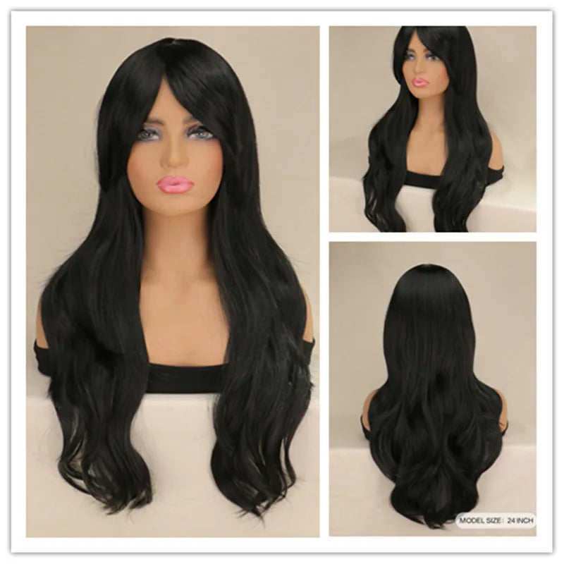 Women Long Wavy Cosplay Wig Red Rose Pink Black Blue Sliver Gray Brown Temperature Synthetic Hair Wigs