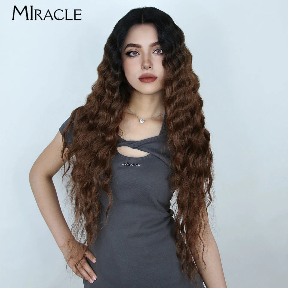 MIRACLE Synthetic Lace Front Wig 30'' Water Wave Lace Frontal Wig for Women Red Blonde Cosplay Lace Wig Female Fake Hair