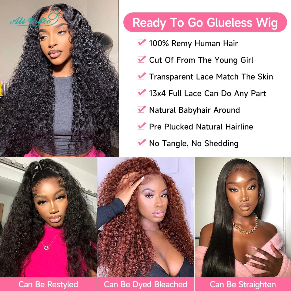 Ali Grace Hair Brazilian Kinky Curly Human Hair Wigs Pre-Plucked 13x4 Lace Frontal Wig Remy Hair Deep Curly 4x4 Lace Closure Wig