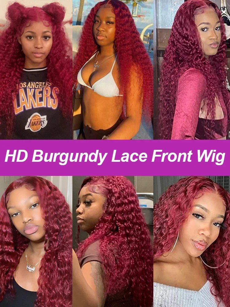 Red Colored 13x6 Deep Wave 250 Density 99J Burgundy Human Hair Lace Frontal Wigs 30 40 Inch Curly Wig Brazilian For Women
