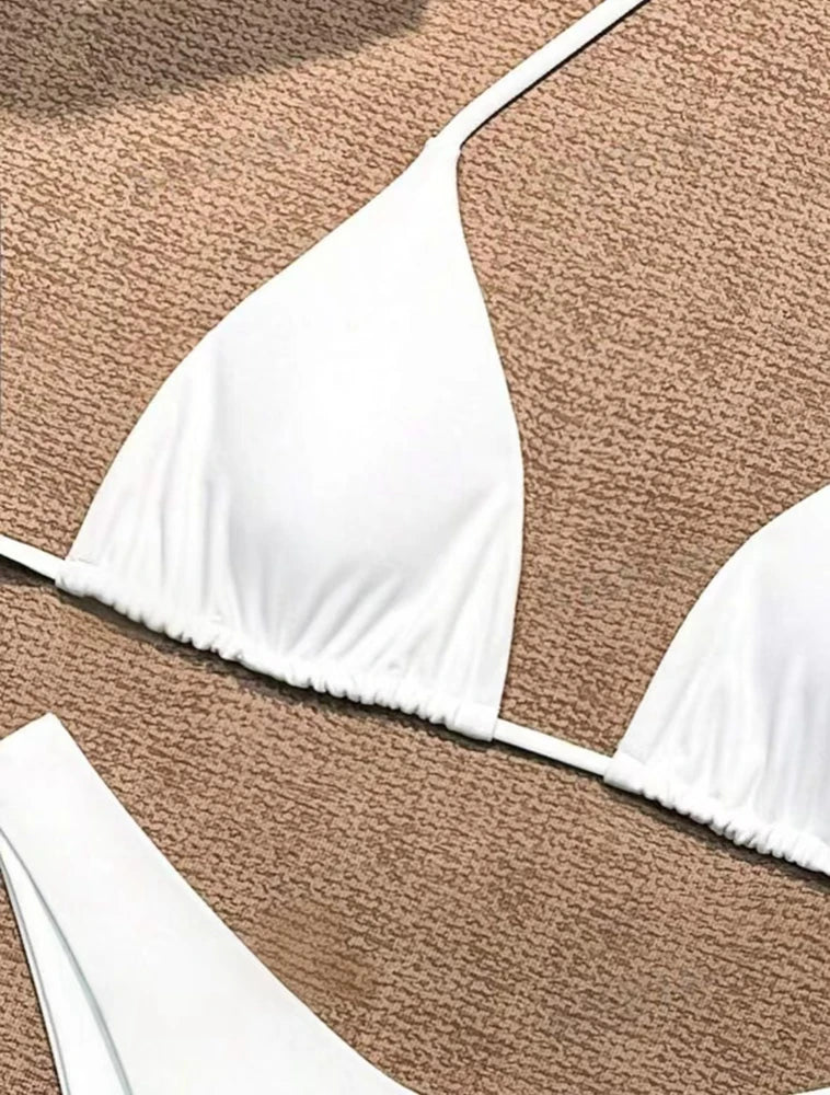 2025 Women White Bikini Chest Padded New Sexy Halter Bikini Two-Piece Set With Drawstring Straps Solid Brazilian Bathing Suit
