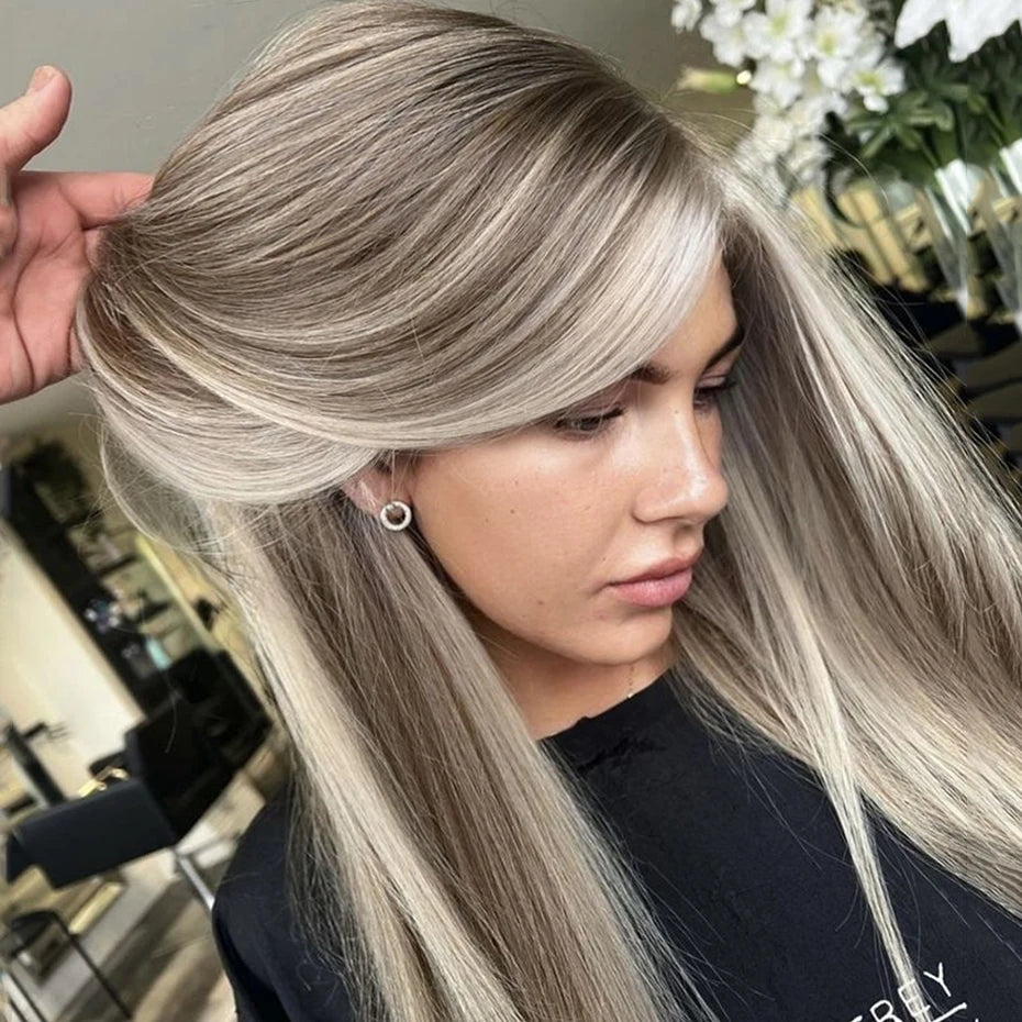 Straight 13x6 Ash Brown Highlight Lace Front Wig Human Hair Natural Hairline Ash Blonde Transparent Lace Frontal Wig For Women