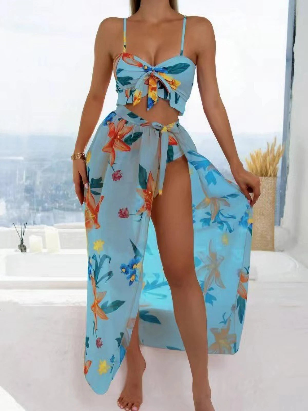 Vela Blue Brazilian Vikinis 2025 3 Piece Bikini Set Women High Waist Push Up & Padded Bra Printed Swimsuit with Skirt