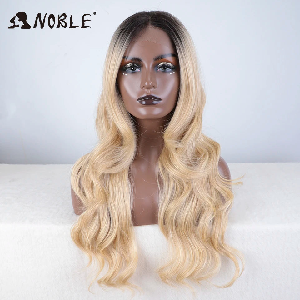 Noble Lace Front Wig Synthetic 28“ Highlight Honey Brown Body Wave Wig Blonde Wigs For Women Lace Wig Synthetic Lace Front Wig