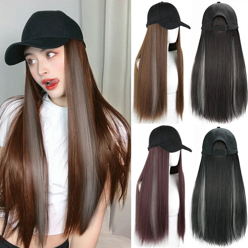 Baseball cap wig Synthetic Wigs With White Black Hat Long Straight Hair Wigs For Women connect Hat One Piece Wig Hat adjustable