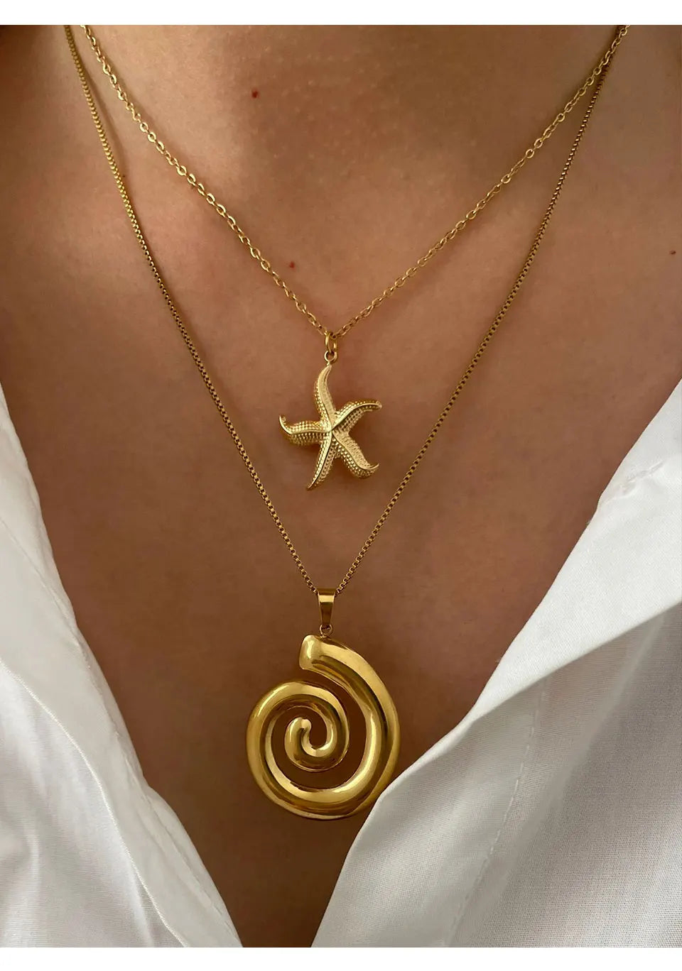 Collier Peri'sbox avec pendentif en spirale creuse en forme d'étoile de mer pour femme, plaqué or 18 carats, anti-ternissement, idéal pour l'été