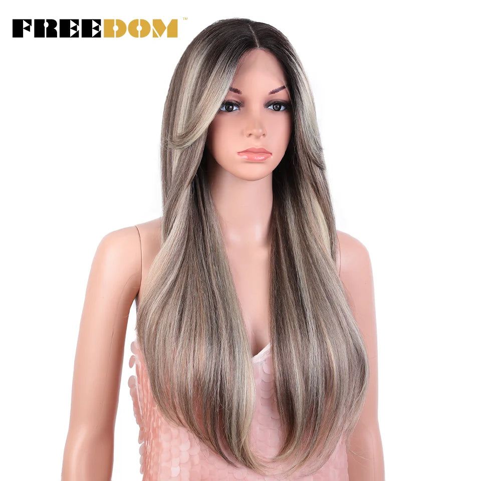 FREEDOM Synthetic Lace Front Wigs For Black Women 26 inch Straight Wigs Ombre Blond Cosplay Wig Synthetic Lace Wig With Bangs