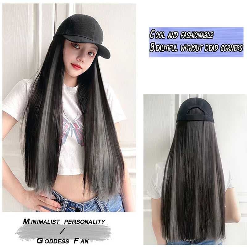 Baseball cap wig Synthetic Wigs With White Black Hat Long Straight Hair Wigs For Women connect Hat One Piece Wig Hat adjustable