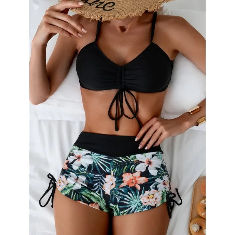 Two Piece Women Swimsuit Bathing Suits Floral Tropical High Waist Beachwear Board Shorts Halter Tops Bikinis Set