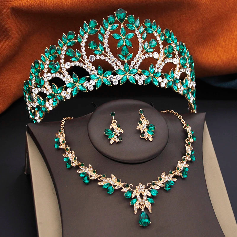 Ensembles de bijoux de mariée pour femmes, diadèmes de mariage de la reine royale, 3 pièces, collier, boucles d'oreilles et couronne, ensembles de mariée, accessoires de costume