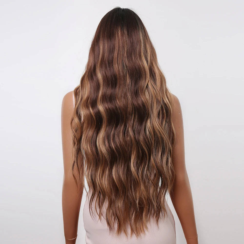 ALAN EATON Brown Highlight Synthetic Wigs with Bangs for Black Women Long Ombre Honey Brown Wave Wig Heat Resistant Hair Natural