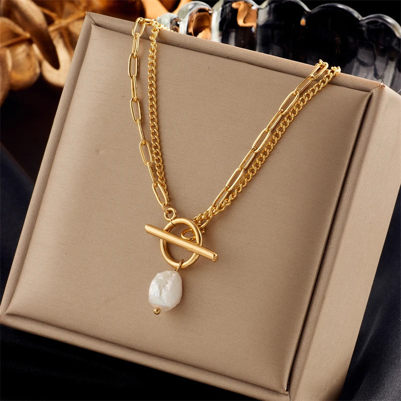 DIEYURO Collier avec pendentif en perles en acier inoxydable 316L avec fermoir OT pour femmes et filles, chaîne à 2 couches, bijoux cadeaux de fête