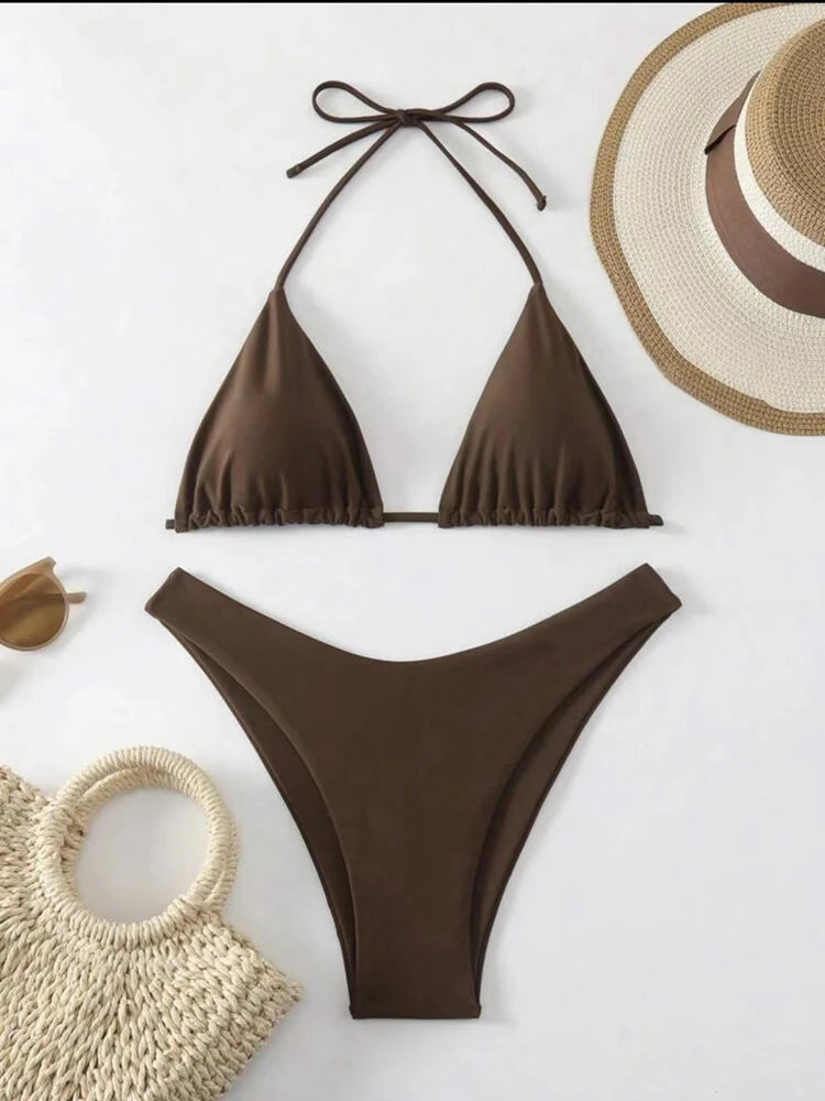 2025 Women White Bikini Chest Padded New Sexy Halter Bikini Two-Piece Set With Drawstring Straps Solid Brazilian Bathing Suit