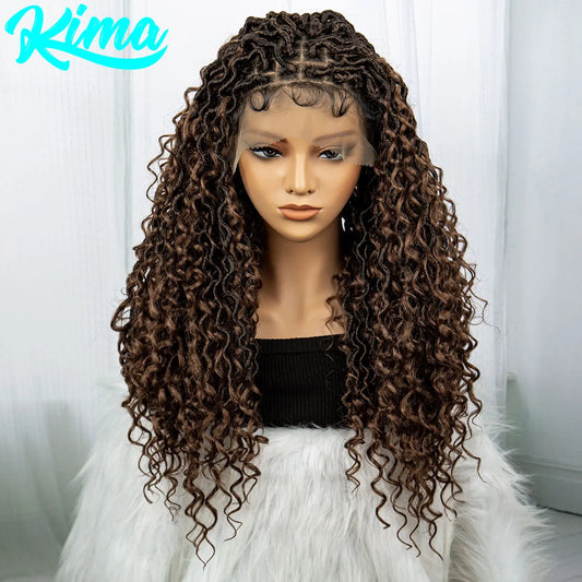 Faux Locs Braided Wigs Synthetic Dreadlock Braided Wigs With Curly Ends 26inch Lace Front Knotless Box Braids Wig with Baby Hair