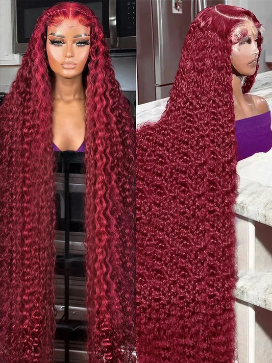 Red Colored 13x6 Deep Wave 250 Density 99J Burgundy Human Hair Lace Frontal Wigs 30 40 Inch Curly Wig Brazilian For Women