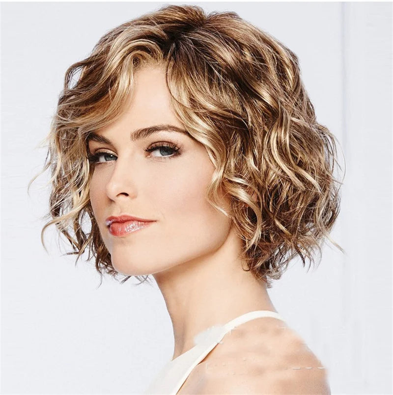 New Arrivals Hair Extensions Synthetic Fashion Gold Brown Ladies Wigs Breathable Head Cover Short Curly Hair Wig Hat for Women