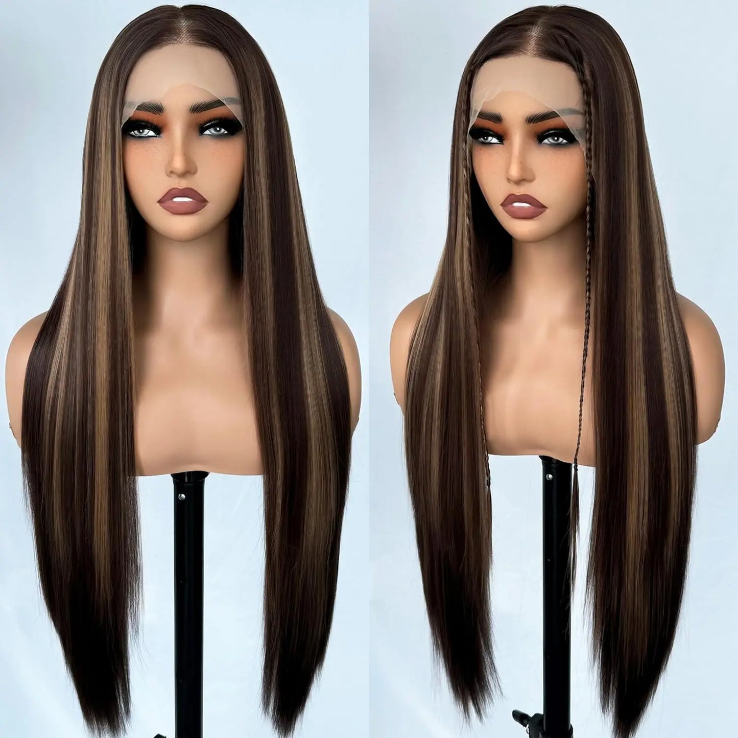 13x6 Synthetic Lace Front Wigs Long Straight Wigs Pre Plucked Free Part Natural Black Lace Frontal Wigs Put On Go Glueless Wigs